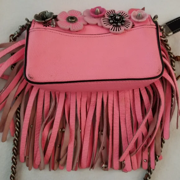 COACH PINK STUDDED WILD TEA ROSE DINKY FRINGE CROSSBODY RARE with COA - Picture 10 of 17